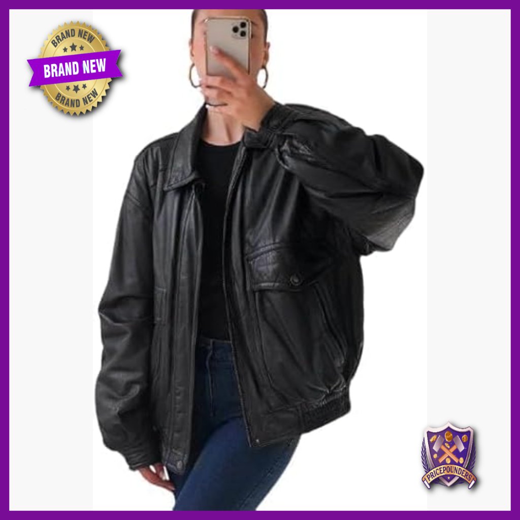 Oversized Leather Bomber Jacket 90s Retro Vintage Long Sleeve Relaxed Fit